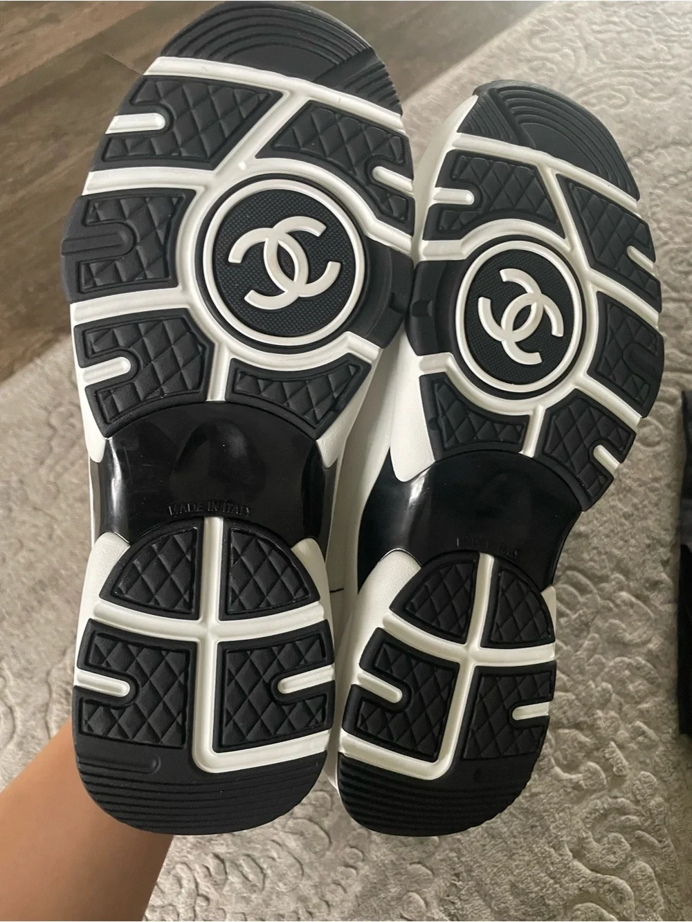 CHANEL White and Black Lace-Up Runner Sneakers